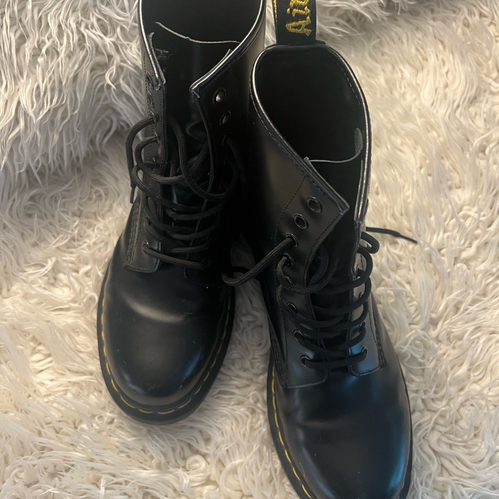 Dr. Martens Black Leather Boots with Yellow Stitching